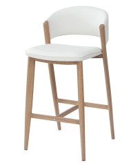 Taburete CALABRIA, metal acabado de color madera, similpiel blanca