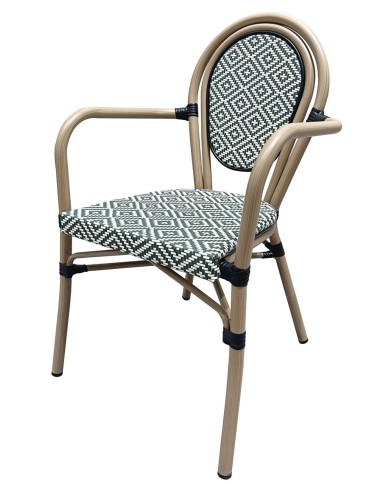 Sillón TARAMAY, apilable, aluminio, mesh crema y verde