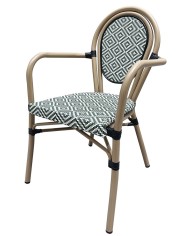 Sillón TARAMAY, apilable, aluminio, mesh crema y verde