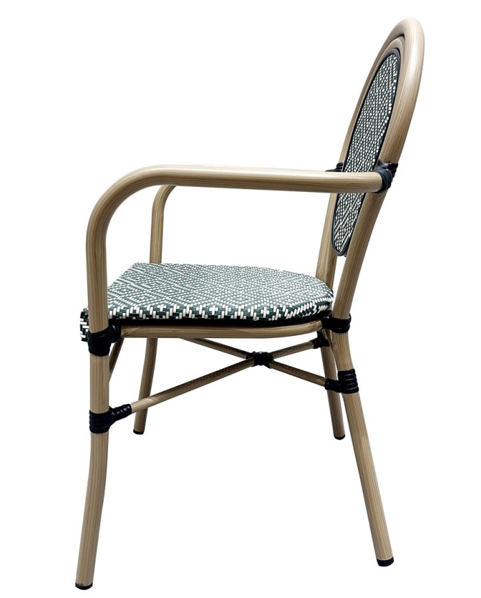 Sillón TARAMAY, apilable, aluminio, mesh crema y verde