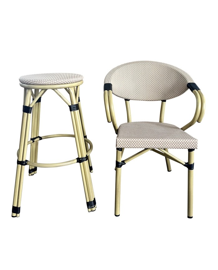 Taburete NERJA, apilable, aluminio, mesh beige y marrón