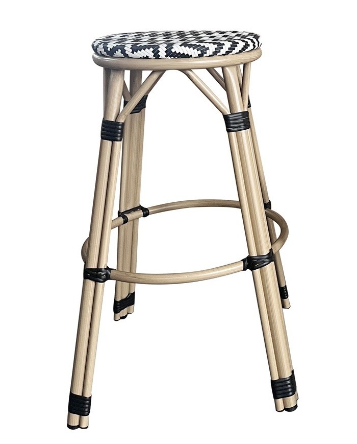 Taburete TARAMAY, apilable, aluminio, mesh blanco y negro