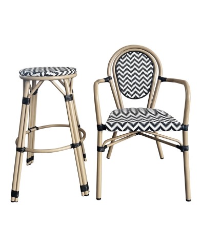 Taburete TARAMAY, apilable, aluminio, mesh blanco y negro