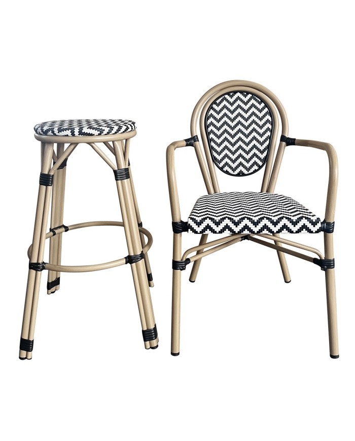 Taburete TARAMAY, apilable, aluminio, mesh blanco y negro