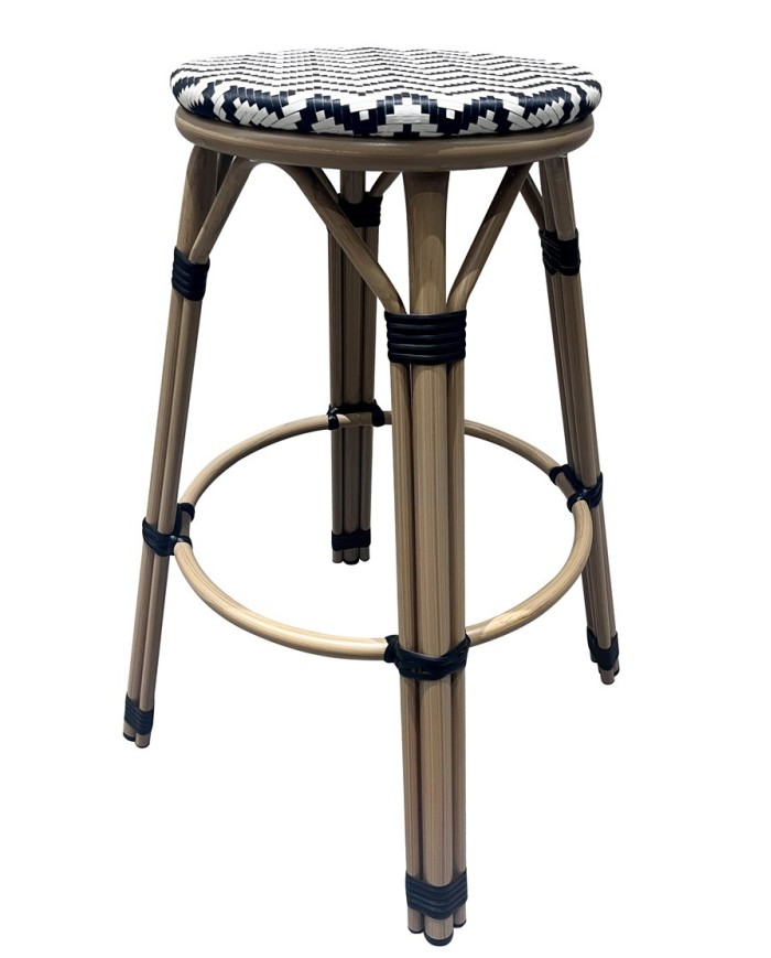 Taburete TARAMAY, apilable, aluminio, mesh blanco y negro