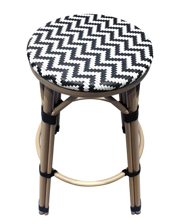 Taburete TARAMAY, apilable, aluminio, mesh blanco y negro