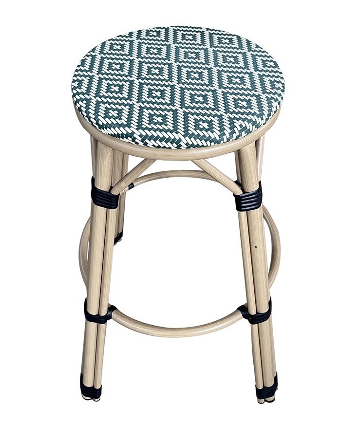 Taburete TARAMAY, apilable, aluminio, mesh crema y verde