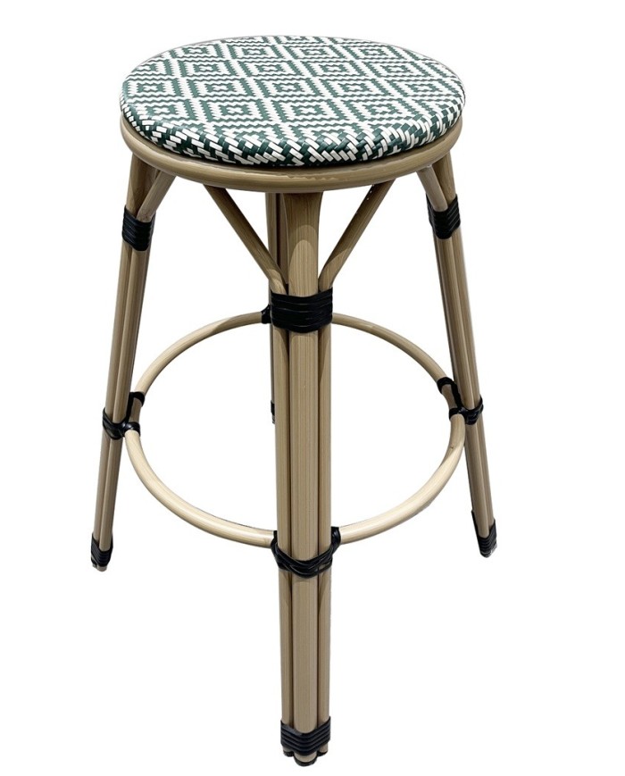 Taburete TARAMAY, apilable, aluminio, mesh crema y verde