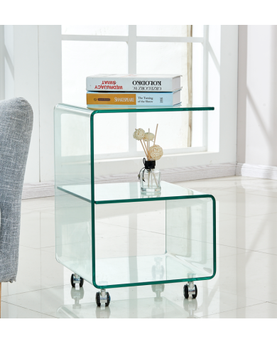 Mesa ABIGAIL, ruedas, cristal transparente, 40 x 40 cms