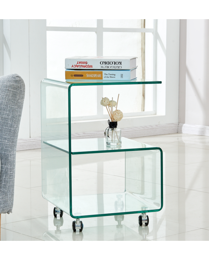 Mesa ABIGAIL, ruedas, cristal transparente, 40 x 40 cms