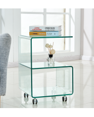 Mesa ABIGAIL, ruedas, cristal transparente, 40 x 40 cms