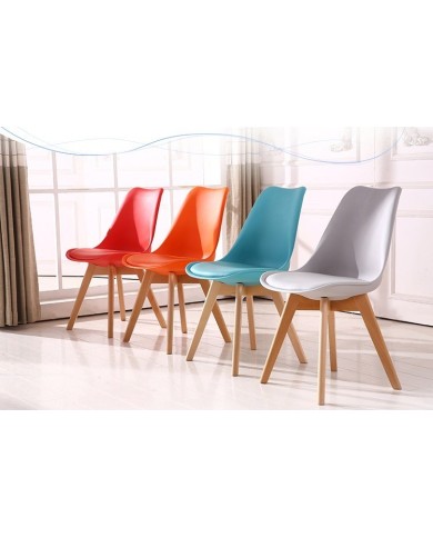 Silla TORRE 4P ( SU ), madera, polipropileno y cojín turquesa