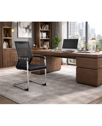 Sillón de oficina FLERS, fijo de patín, cromado, malla negra