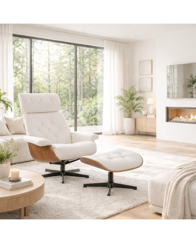 Butaca con ottoman EUROPA, madera, metal, similpiel blanca