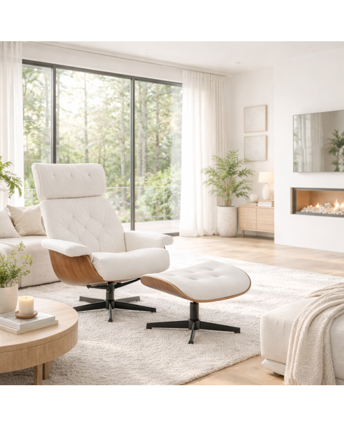 Butaca con ottoman EUROPA, madera, metal, similpiel blanca