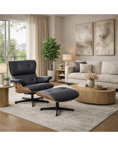 Butaca con ottoman AMERICA, madera, metal, similpiel negra