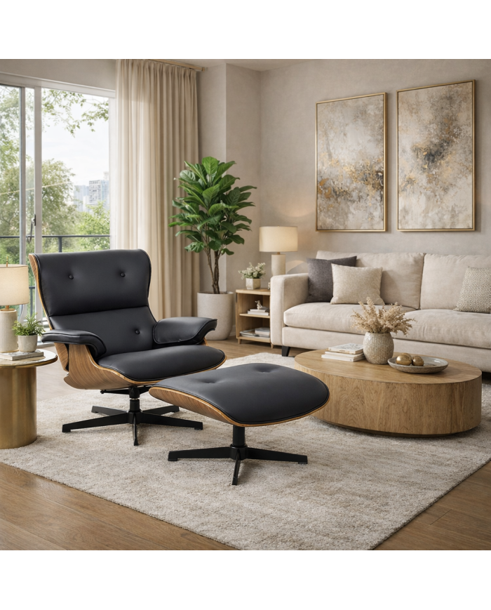 Butaca con ottoman AMERICA, madera, metal, similpiel negra