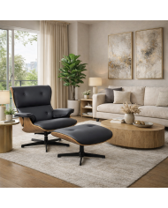 Butaca con ottoman AMERICA, madera, metal, similpiel negra