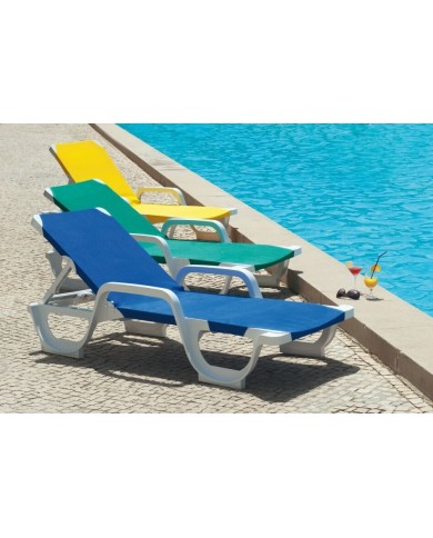 Tumbona COSTASOL, apilable, polipropileno blanco, tejido textilene azul