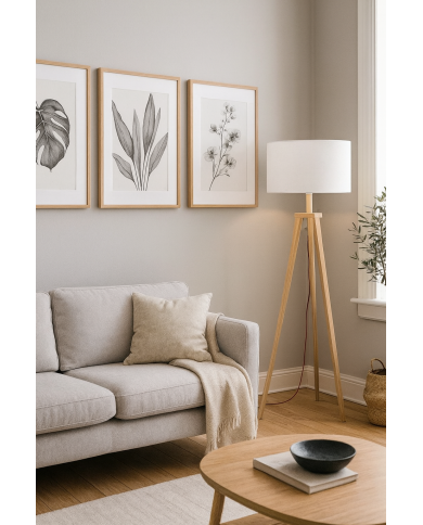 Lámpara JENSEN, pie salón, madera, pantalla blanca