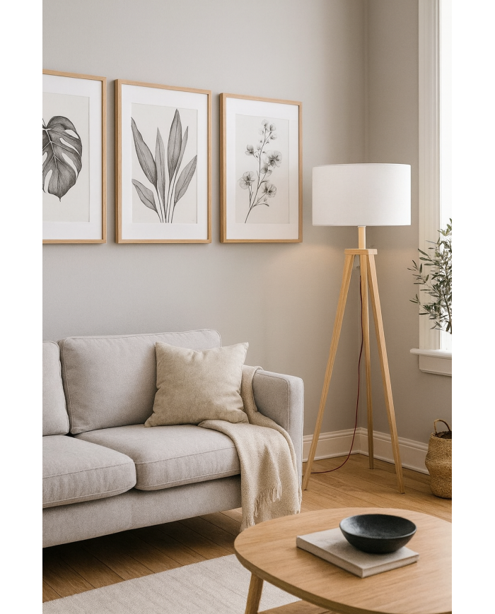 Lámpara JENSEN, pie salón, madera, pantalla blanca