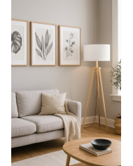 Lámpara JENSEN, pie salón, madera, pantalla blanca