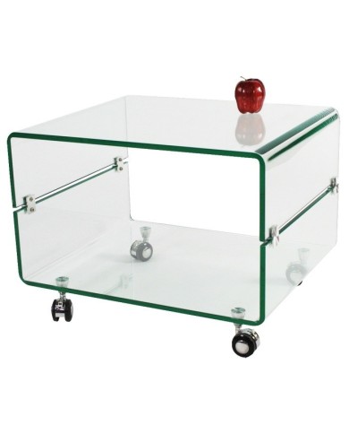 Mesa MELBOURNE, cristal curvado, ruedas, 60x40 cms